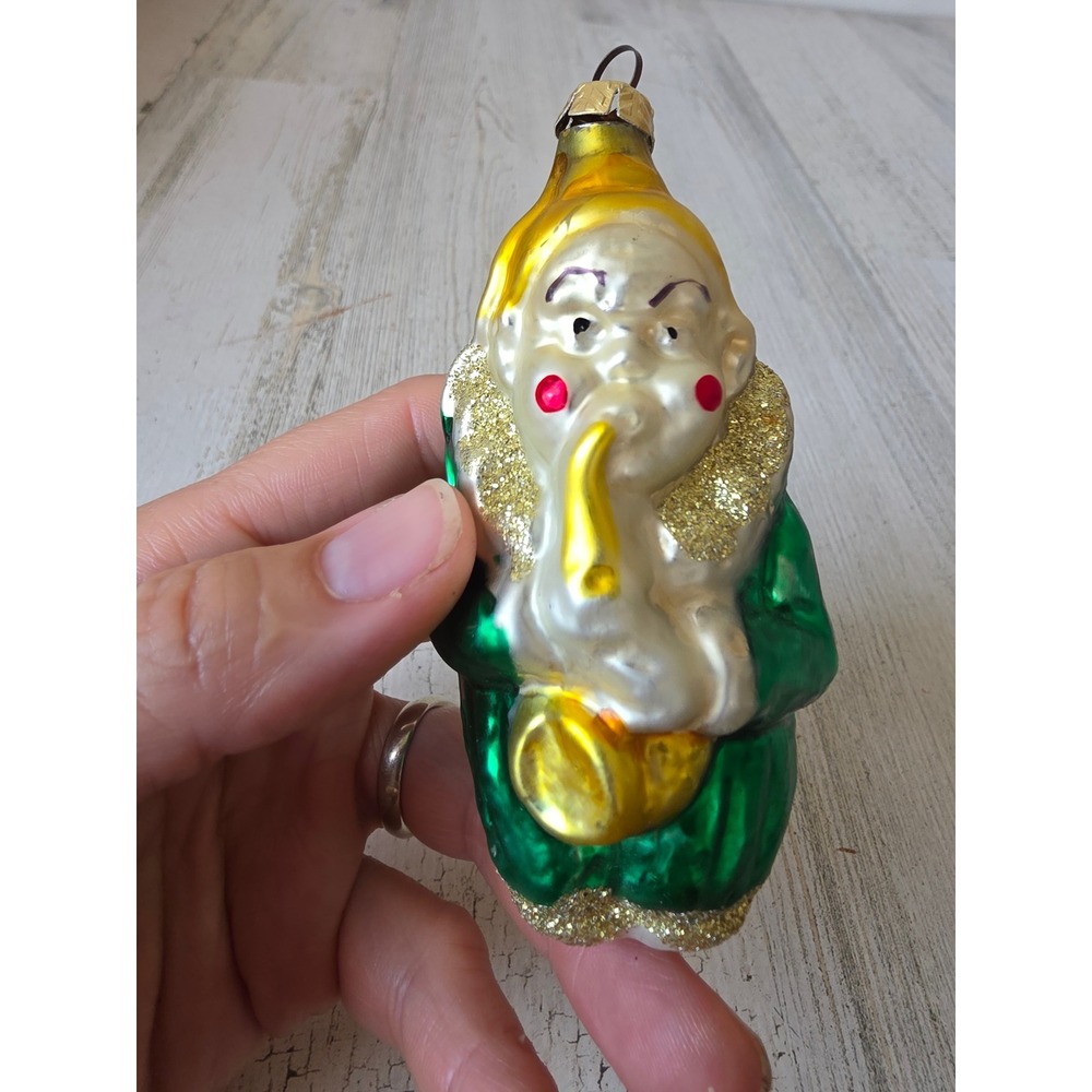 Vintage clown trumpet glitter glass ornament gold musical band Xmas tree yellow